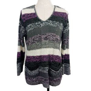 Bobbie Brooks 1x Knit Sweater Pullover Purple Gray Front Pockets